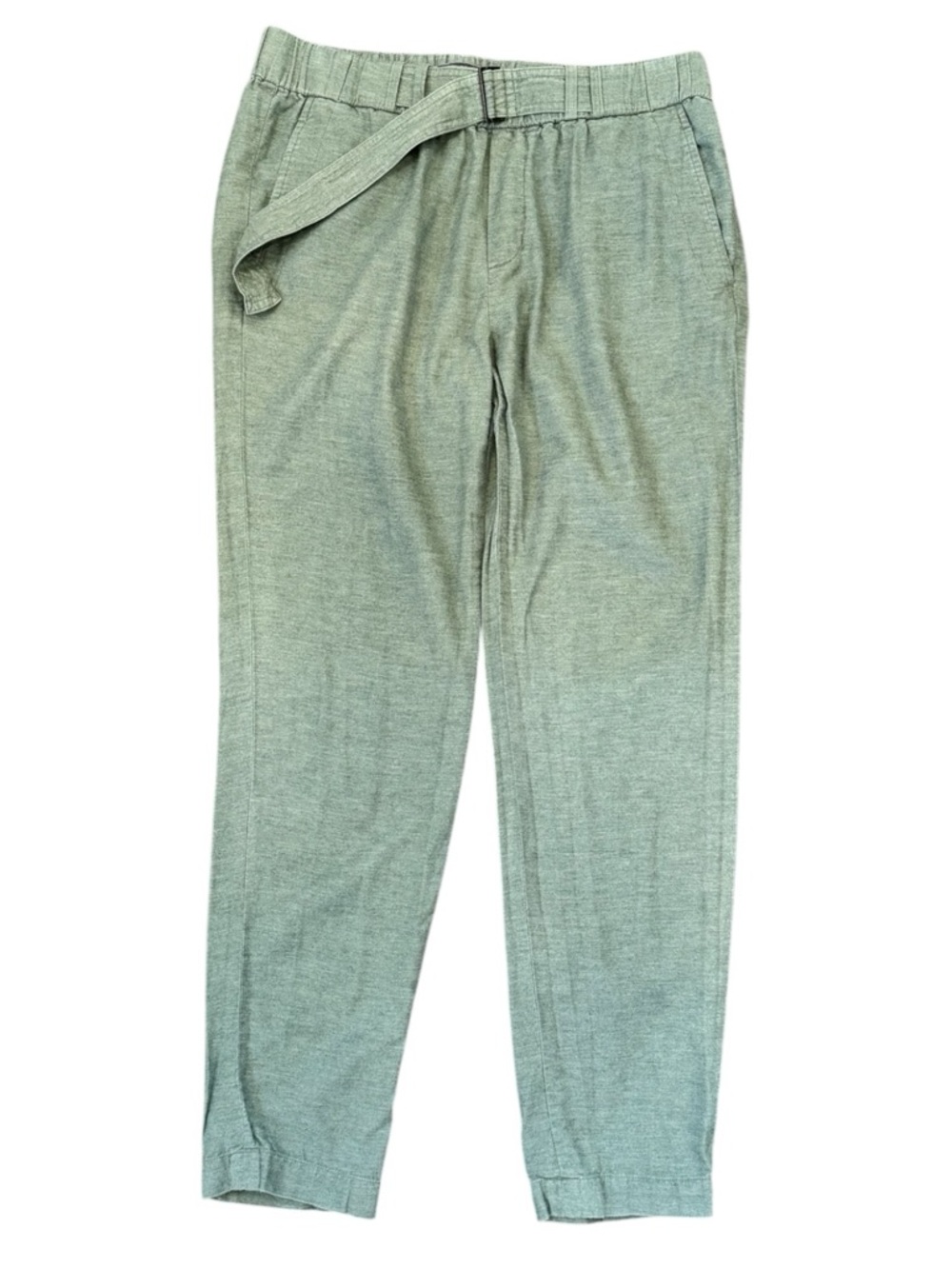 Vince 100% Cotton Pants Sz 2 Green Elastic Waist Built in Belt & Buckle Pull On